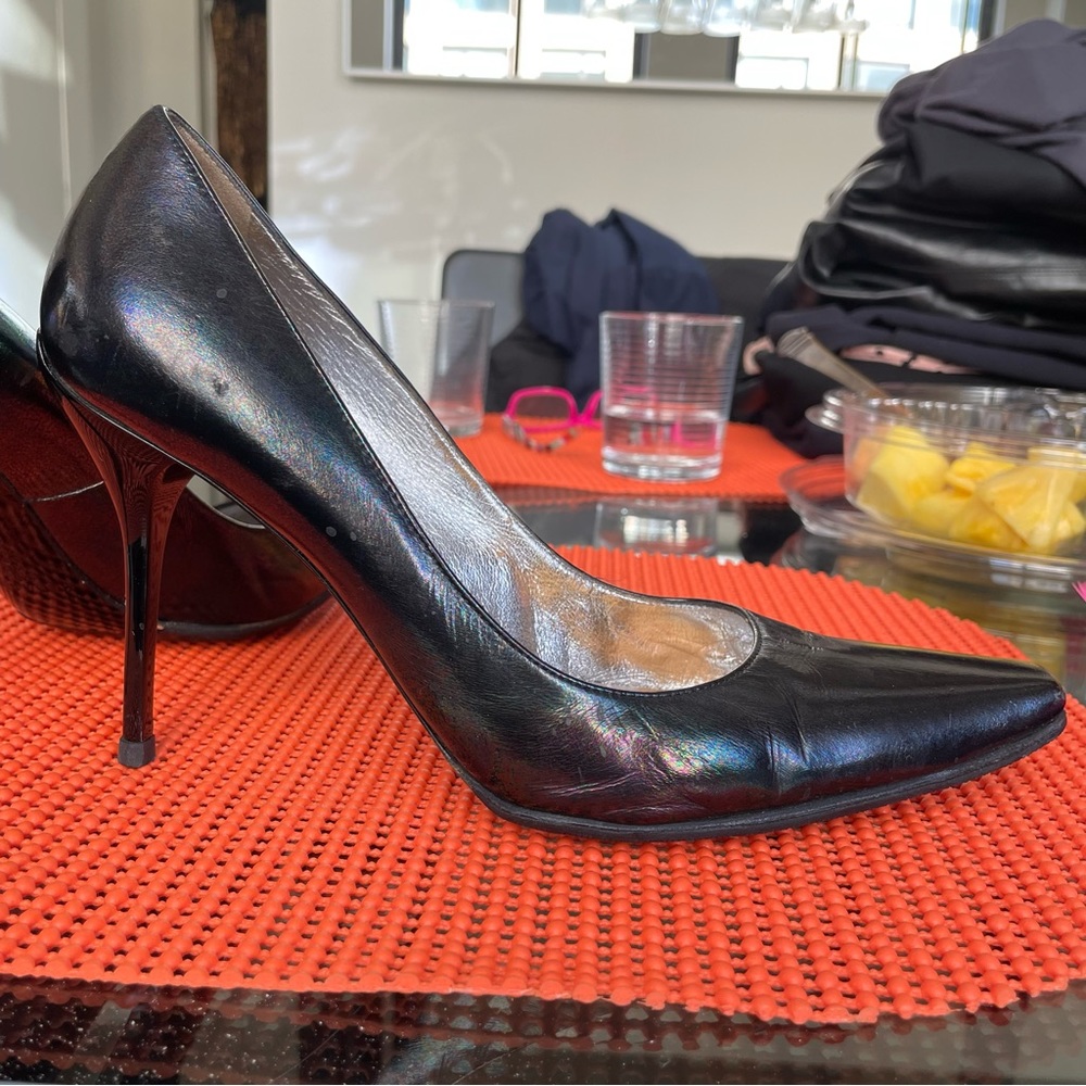 Iridescent blue Casadei 3-inch heels, size 8.5.